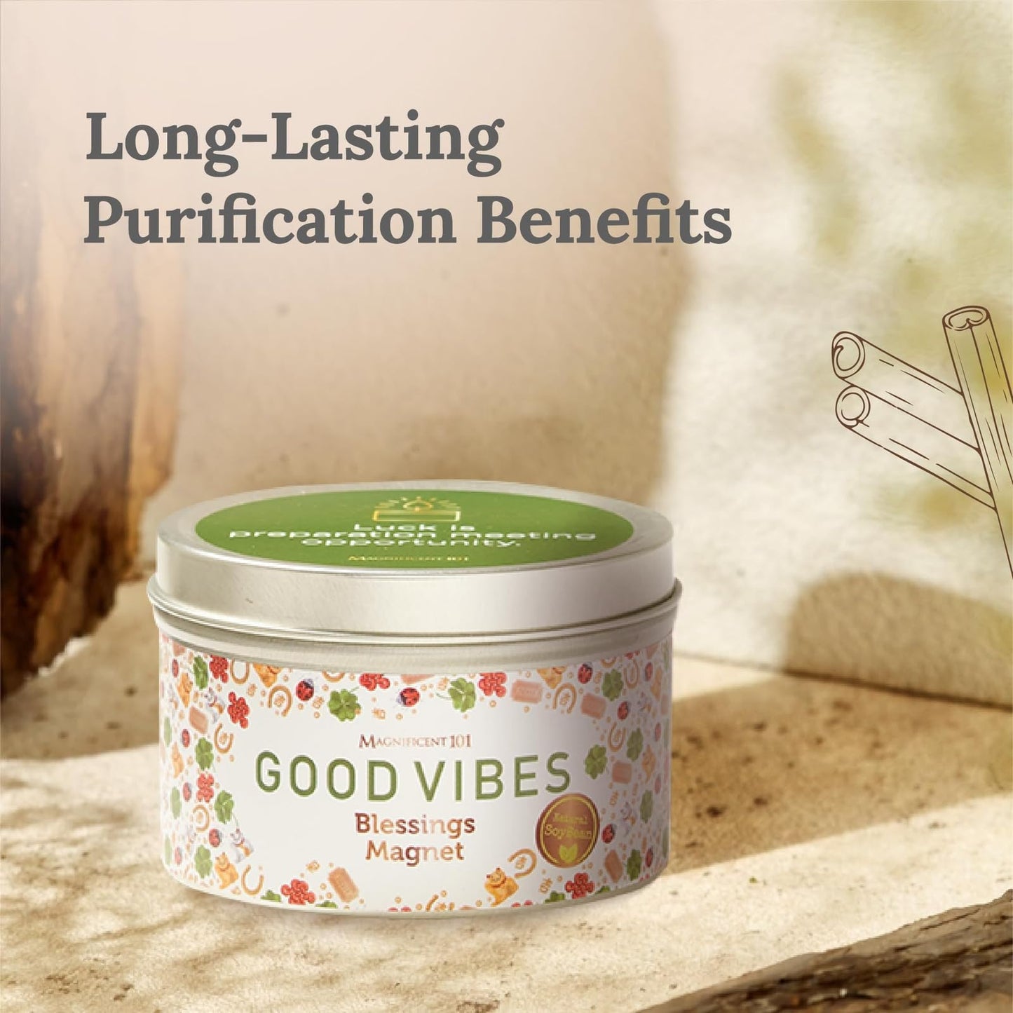 Magnificent 101 Good Vibes Manifestation Candle – 6 oz Soy Tin, Sage & Sandalwood