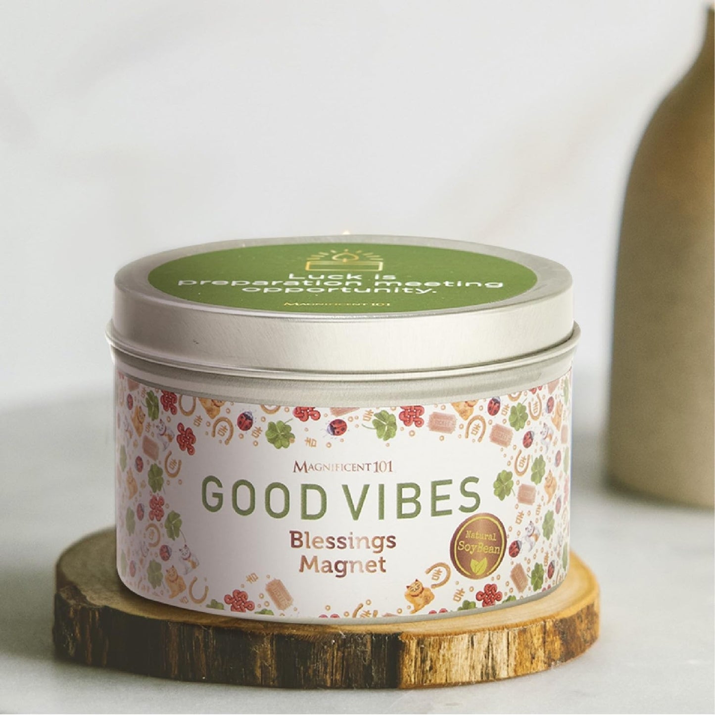 Magnificent 101 Good Vibes Manifestation Candle – 6 oz Soy Tin, Sage & Sandalwood
