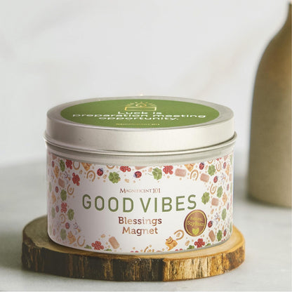 Magnificent 101 Good Vibes Manifestation Candle – 6 oz Soy Tin, Sage & Sandalwood