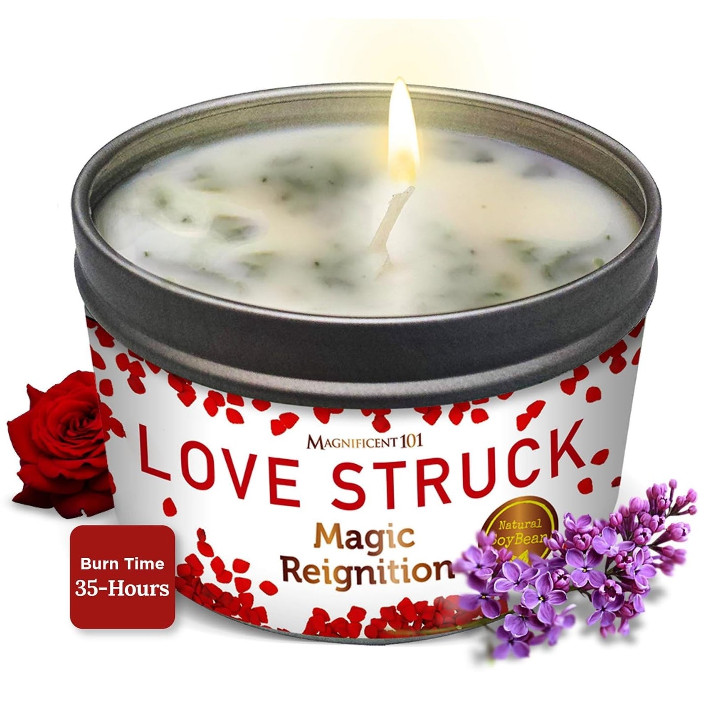 Magnificent 101 Love Struck Aromatherapy Tin Candle – 6 oz, All-Natural Soy Wax, Sage Rose Jasmine Lavender Lilac