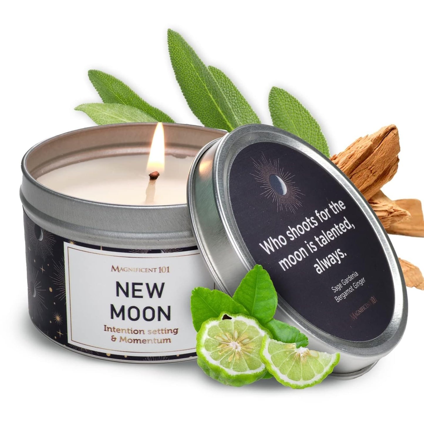 MAGNIFICENT 101 Moon Sage Aromatherapy Candle - 6 oz White Soy Wax, 35-Hour Burn for Energy Cleansing & Manifestation