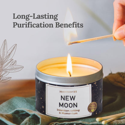 MAGNIFICENT 101 Moon Sage Aromatherapy Candle - 6 oz White Soy Wax, 35-Hour Burn for Energy Cleansing & Manifestation