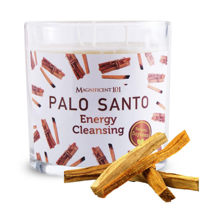 Magnificent 101 Long Lasting Palo Santo Scented Aromatherapy Candle | 14 oz | 56 Hour Burn | Soy Wax for Energy Cleansing, Purification & Manifestation