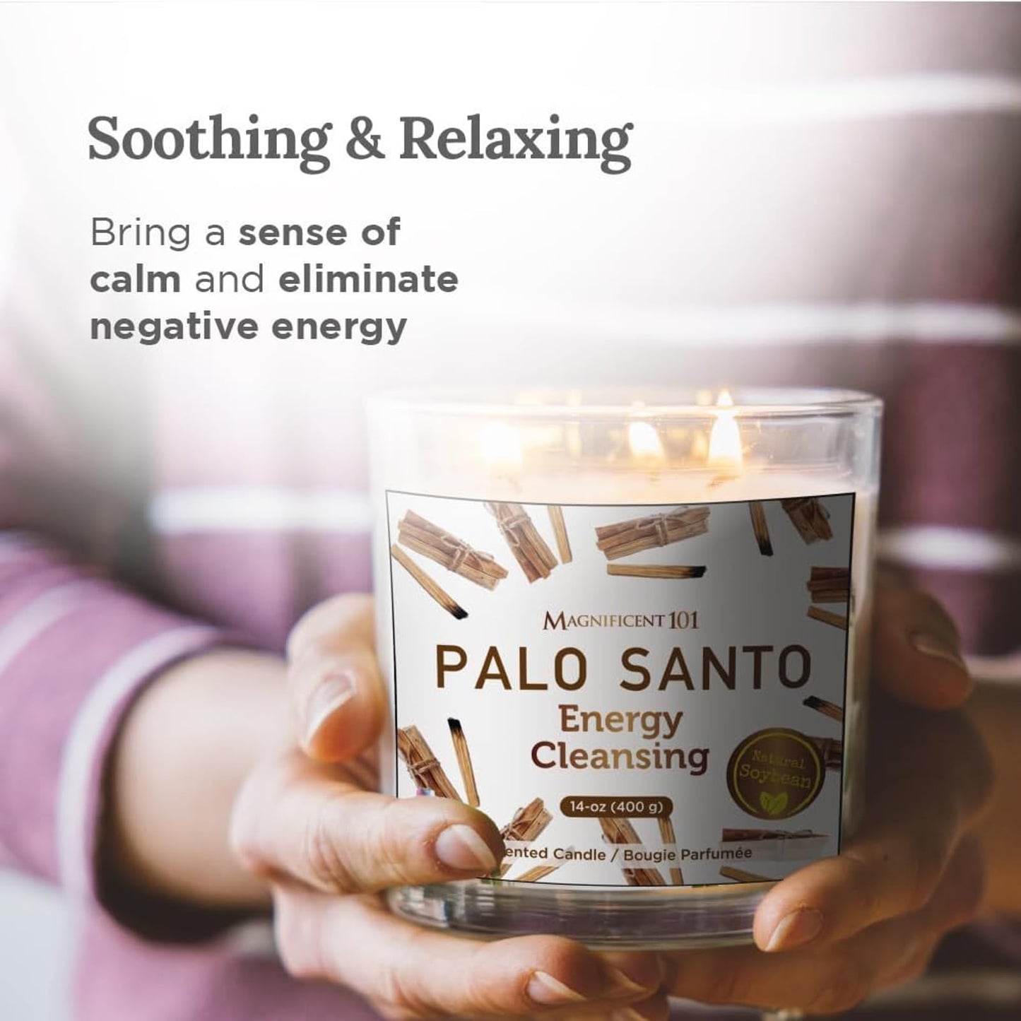 Magnificent 101 Long Lasting Palo Santo Scented Aromatherapy Candle | 14 oz | 56 Hour Burn | Soy Wax for Energy Cleansing, Purification & Manifestation