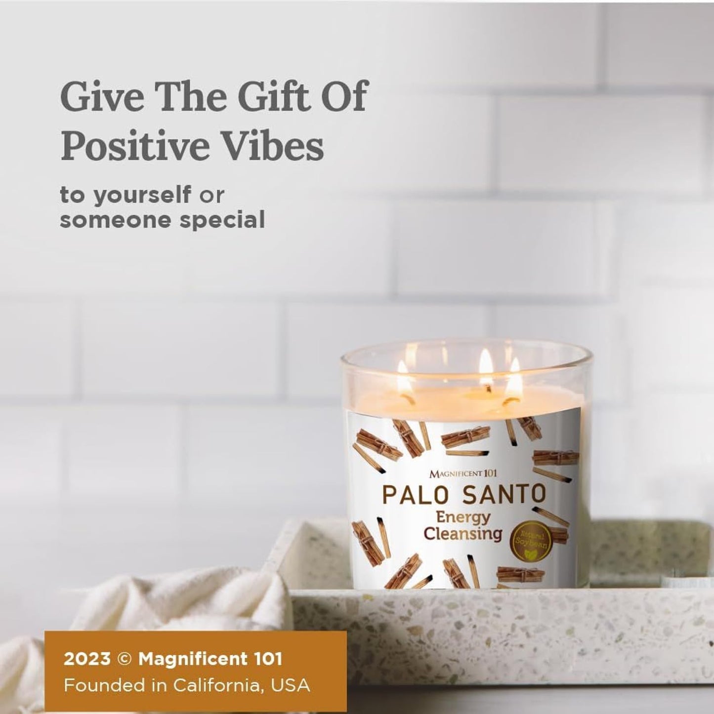 Magnificent 101 Long Lasting Palo Santo Scented Aromatherapy Candle | 14 oz | 56 Hour Burn | Soy Wax for Energy Cleansing, Purification & Manifestation