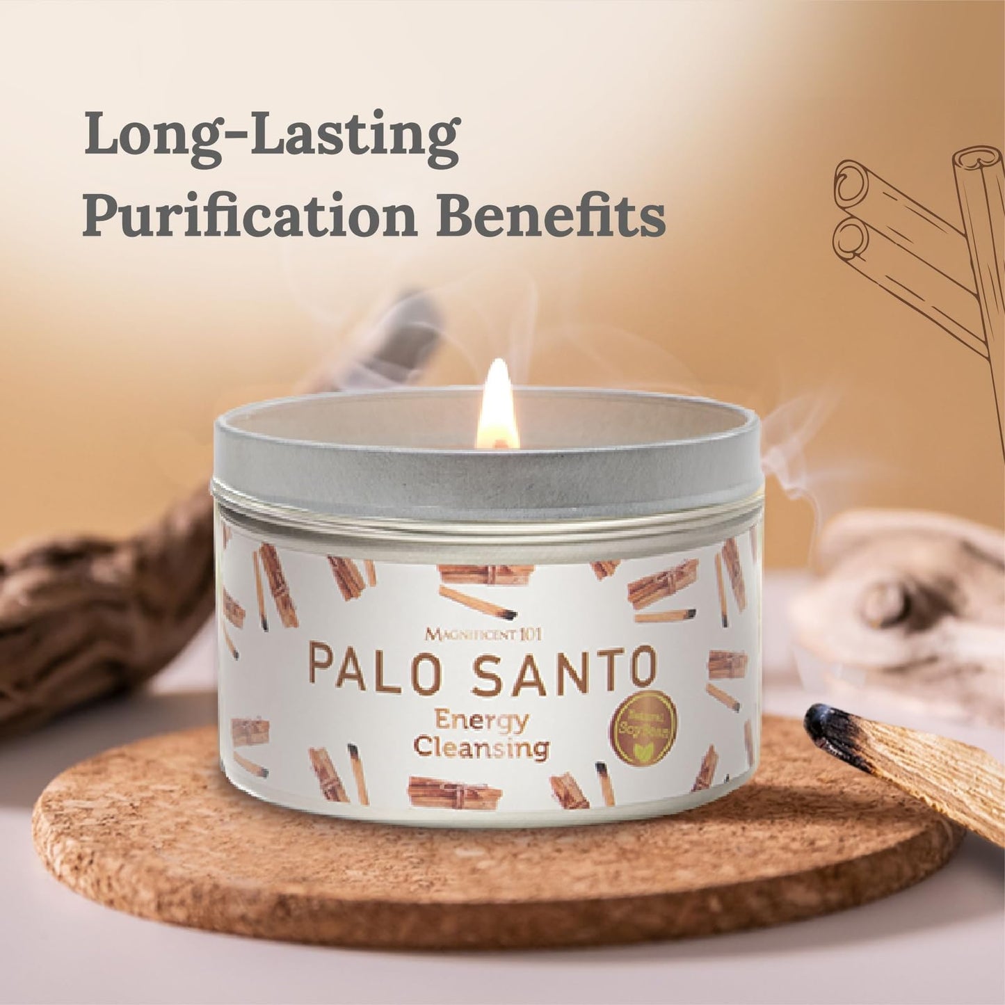 Magnificent 101 Palo Santo Smudge Candle – 6 oz, 35-Hour Burn, 100% Natural