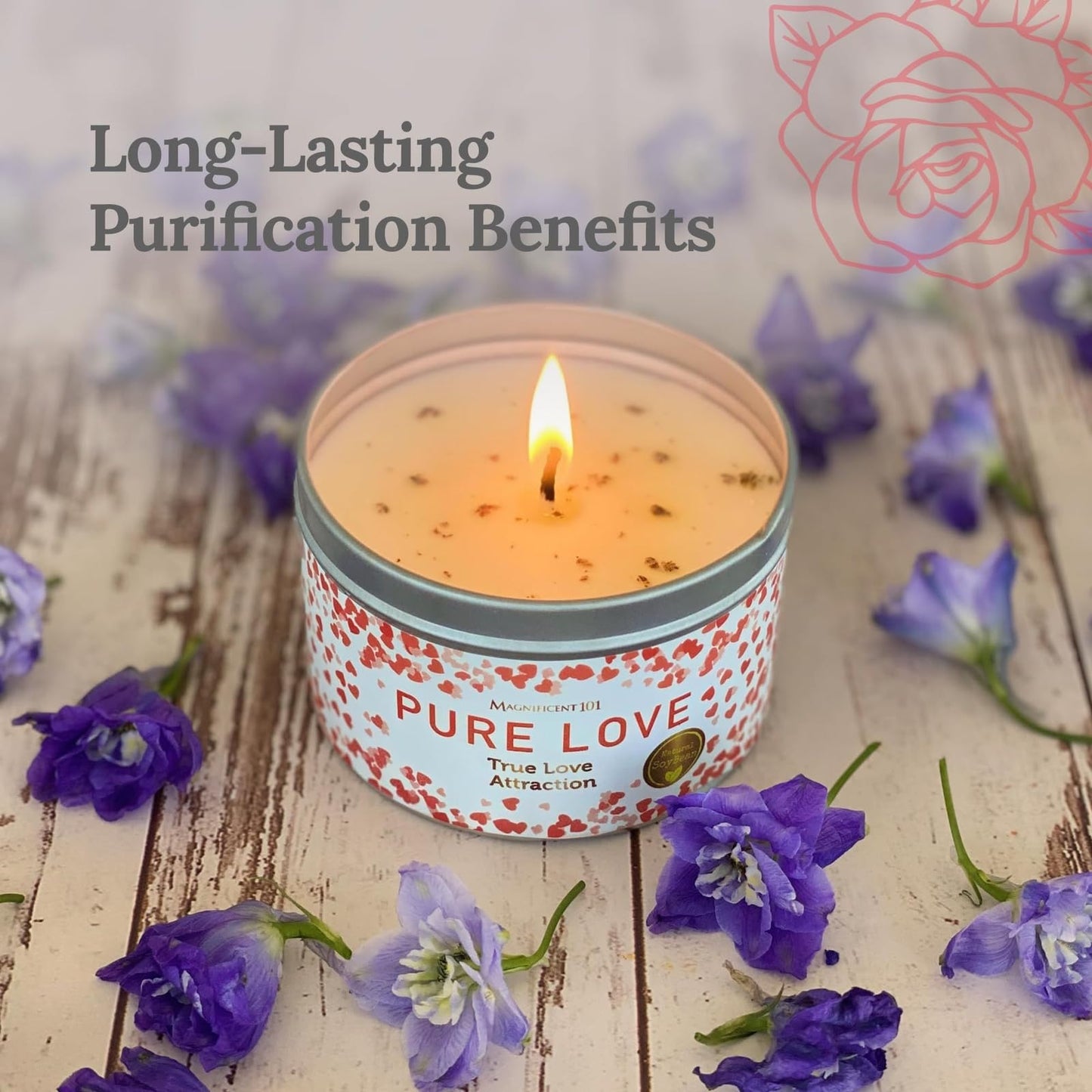 Magnificent 101 Pure Love Aromatherapy Tin Candle - 6 oz, 35 Hour Burn, All Natural Soy Wax