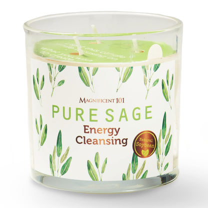 Magnificent 101 Pure Sage Energy Cleansing Candle | 14.5 oz Soy Wax, 56-Hour Burn