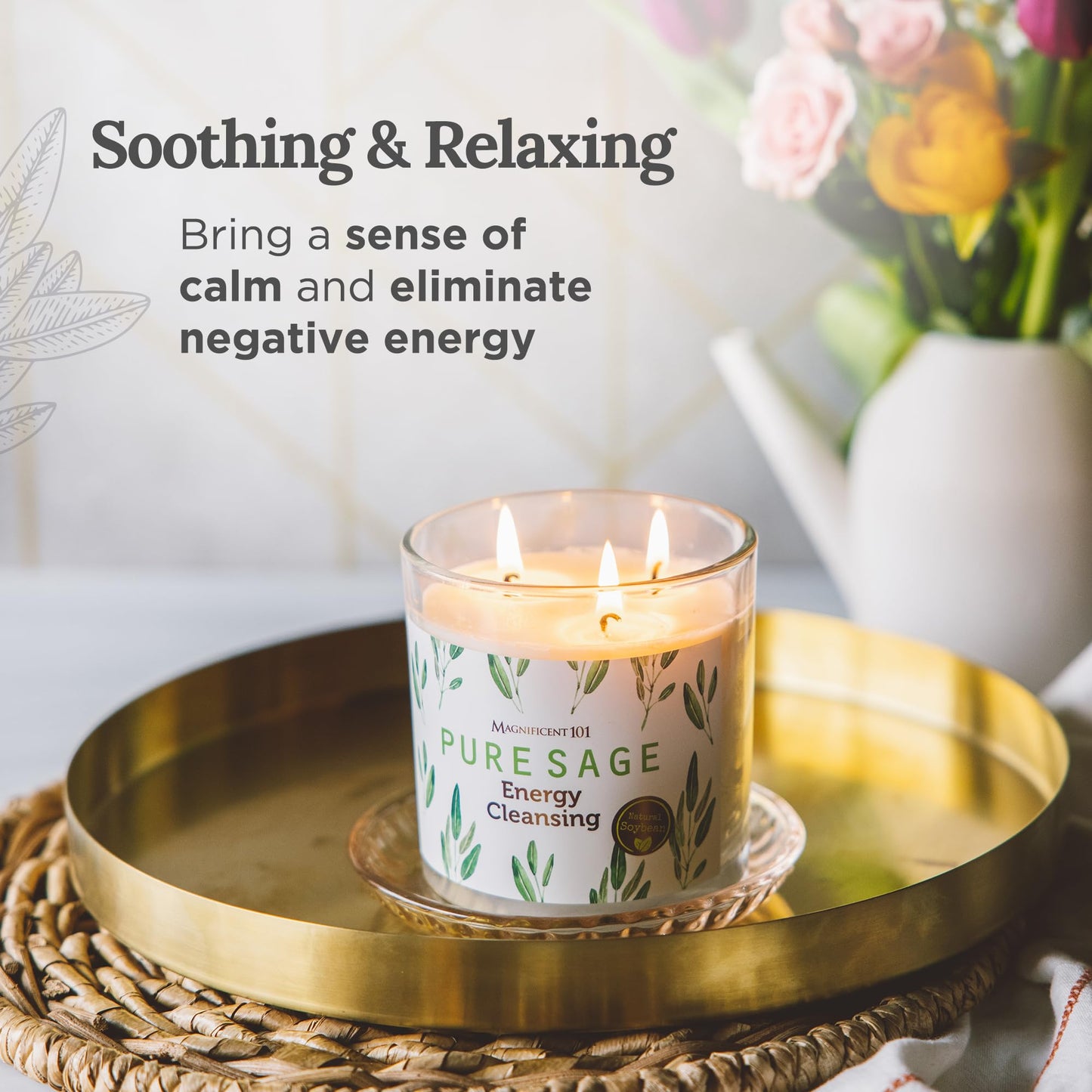 Magnificent 101 Pure Sage Energy Cleansing Candle | 14.5 oz Soy Wax, 56-Hour Burn