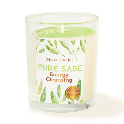 Magnificent 101 Pure Sage Energy Cleansing Aromatherapy Candle – 6 oz Soy, Glass, 56-Hour Burn