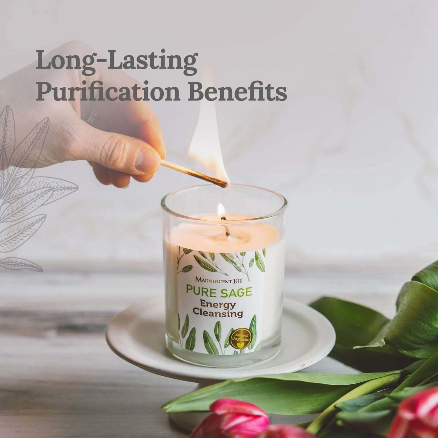 Magnificent 101 Pure Sage Energy Cleansing Aromatherapy Candle – 6 oz Soy, Glass, 56-Hour Burn