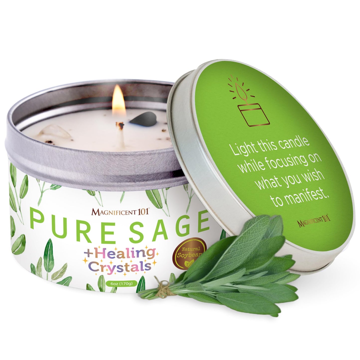 Magnificent 101 Long-Lasting Sage Healing Crystals Candle – 6 oz | 35-Hour Burn | Soy Wax & Healing Crystals