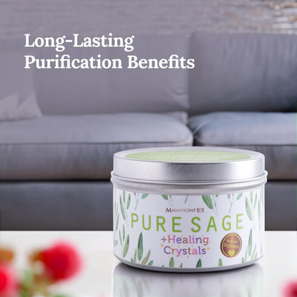 Magnificent 101 Long-Lasting Sage Healing Crystals Candle – 6 oz | 35-Hour Burn | Soy Wax & Healing Crystals