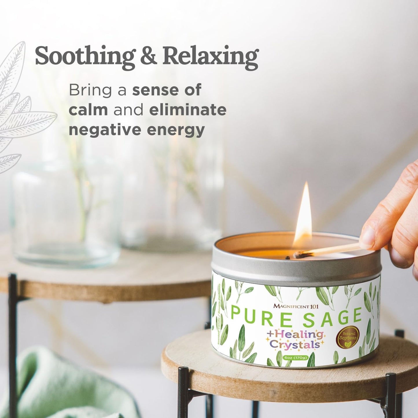 Magnificent 101 Long-Lasting Sage Healing Crystals Candle – 6 oz | 35-Hour Burn | Soy Wax & Healing Crystals