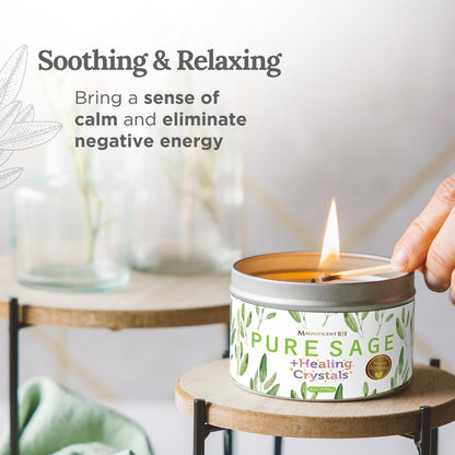 Magnificent 101 Long-Lasting Sage Healing Crystals Candle – 6 oz | 35-Hour Burn | Soy Wax & Healing Crystals