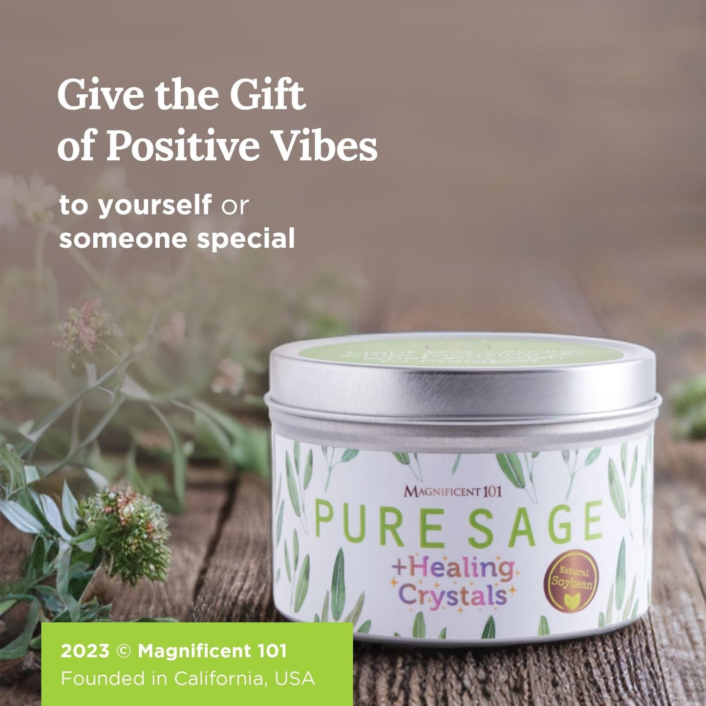 Magnificent 101 Long-Lasting Sage Healing Crystals Candle – 6 oz | 35-Hour Burn | Soy Wax & Healing Crystals