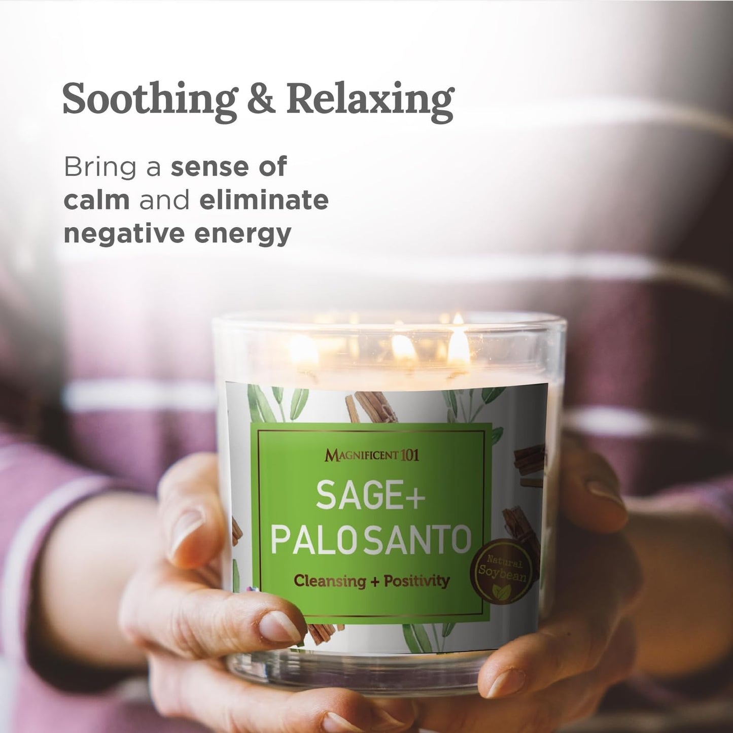 Magnificent 101 Sage & Palo Santo Candle – 14oz, 56-Hour Burn Time, Soy Wax Smudge Candle for Negative Energy Cleansing & Manifestation