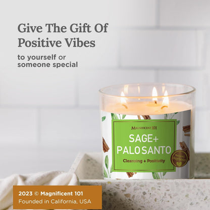 Magnificent 101 Sage & Palo Santo Candle – 14oz, 56-Hour Burn Time, Soy Wax Smudge Candle for Negative Energy Cleansing & Manifestation