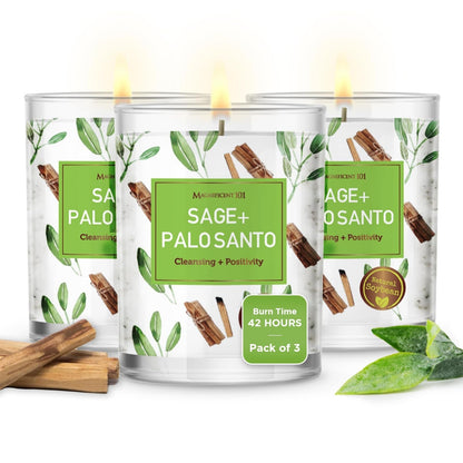 Magnificent 101 Sage & Palo Santo Candle Set – 3-Pack, 3.5 oz, 42h Burn