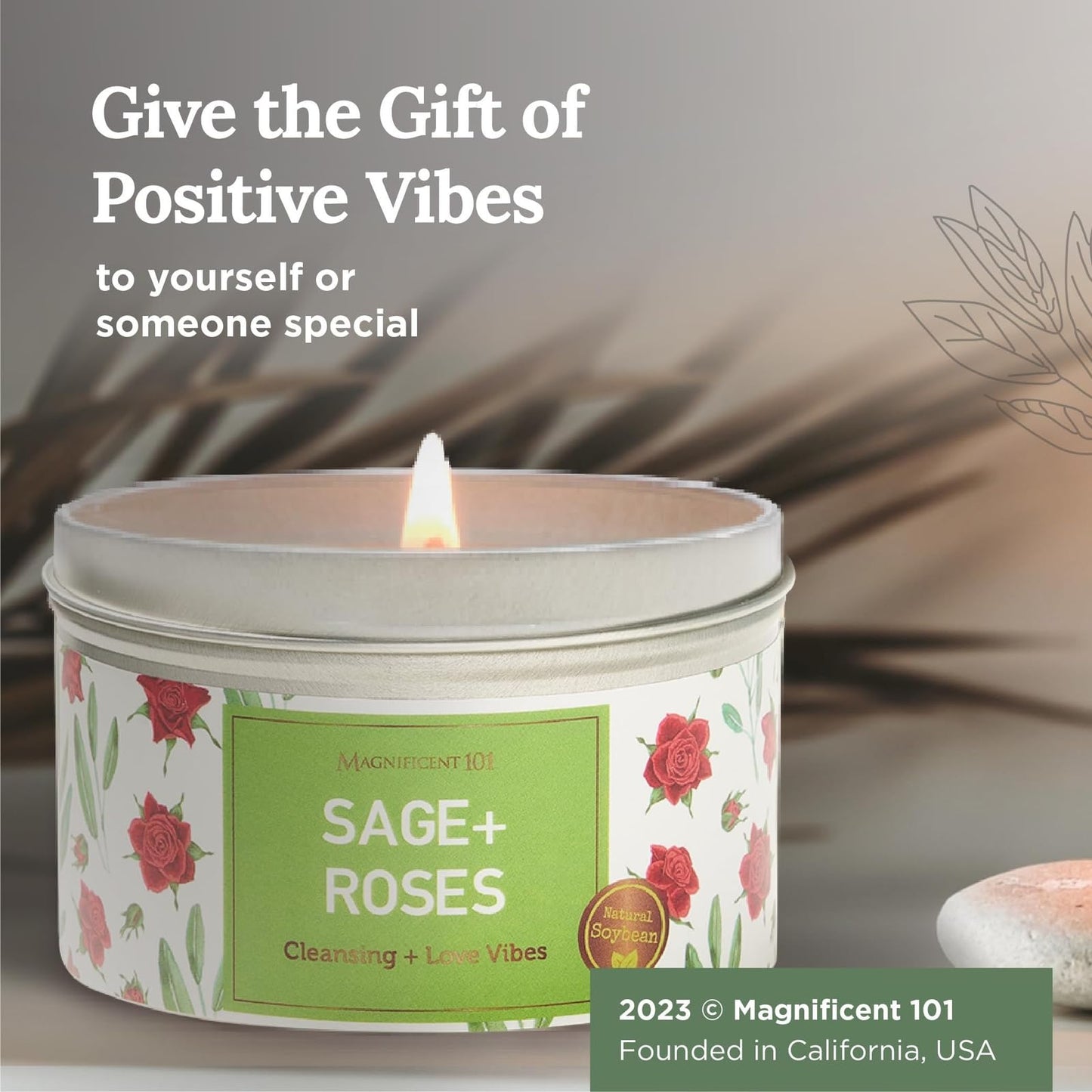 Magnificent 101 Sage & Roses Aromatherapy Candle for Space Cleansing | 6 oz Soy Wax, 35-Hour Burn, Meditation & Spiritual Decor