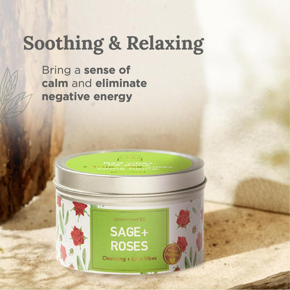 Magnificent 101 Sage & Roses Aromatherapy Candle for Space Cleansing | 6 oz Soy Wax, 35-Hour Burn, Meditation & Spiritual Decor