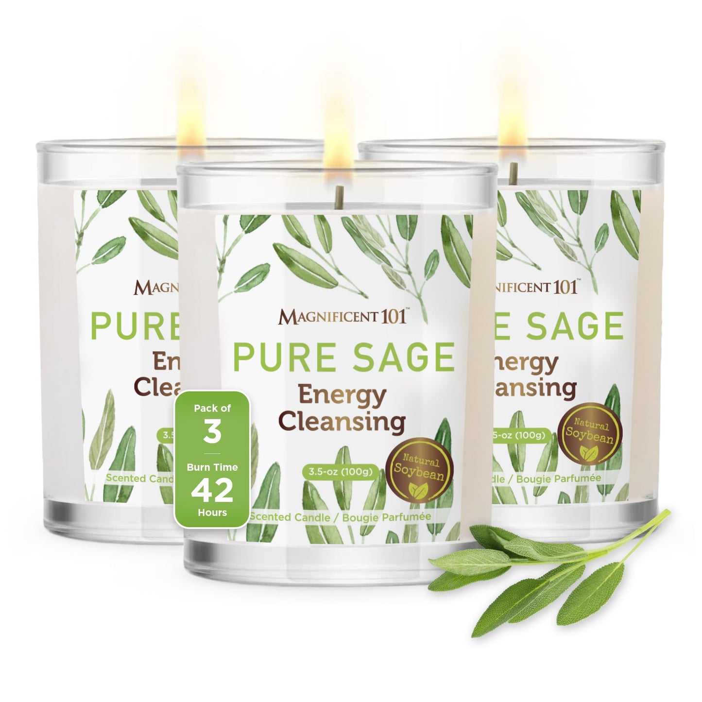Magnificent 101 Set of 3 Sage Smudge Candles – 42-Hour Burn, 3.5 oz, Soy Wax