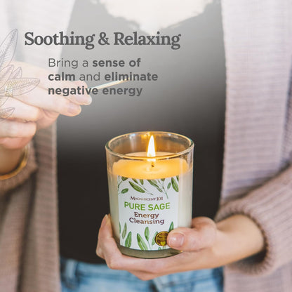 Magnificent 101 Pure Sage Energy Cleansing Aromatherapy Candle – 6 oz Soy, Glass, 56-Hour Burn