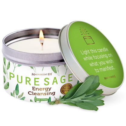Magnificent 101 White Sage Candle – 6 oz, 35h Burn Time, Organic Soy