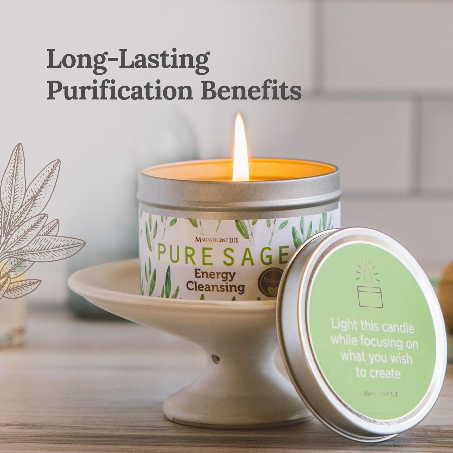 Magnificent 101 White Sage Candle – 6 oz, 35h Burn Time, Organic Soy