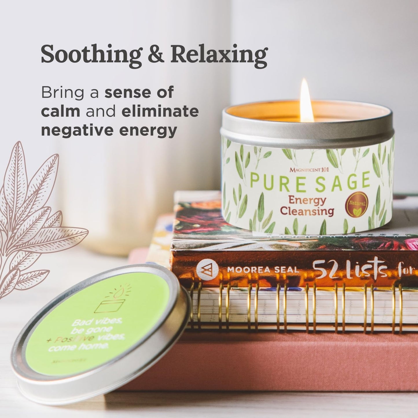 Magnificent 101 White Sage Candle – 6 oz, 35h Burn Time, Organic Soy