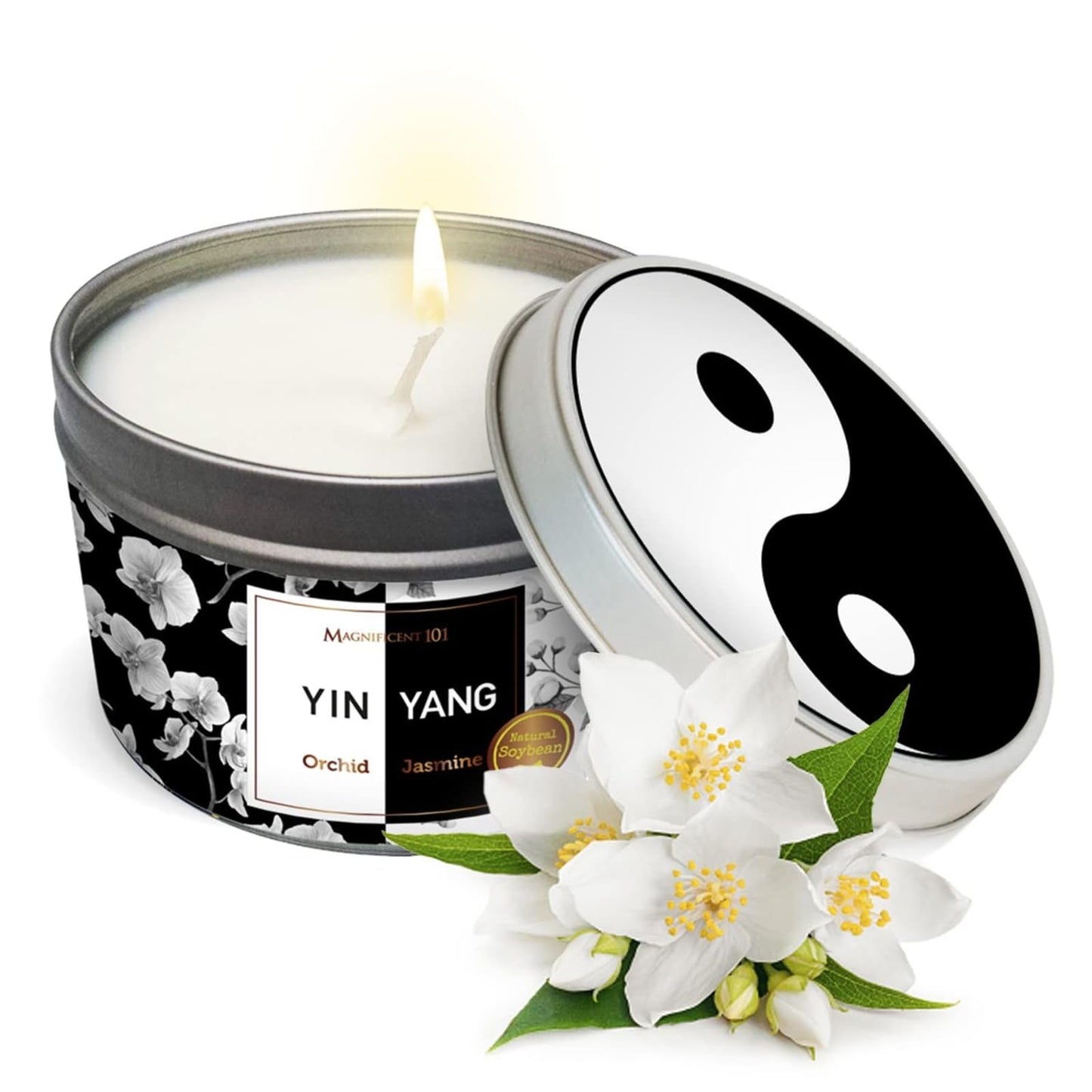 Magnificent 101 Yin Yang Smudge Candle – 6oz Soy Wax Tin, 35-Hour Burn, Orchid & Jasmine