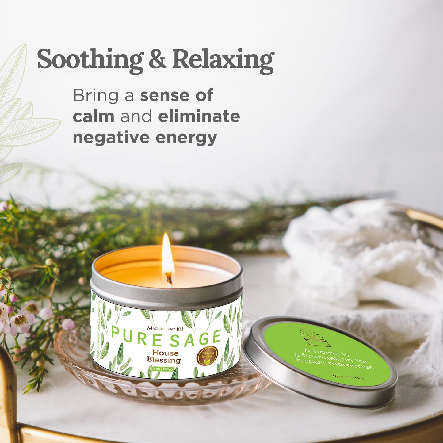 Magnificent 101 Pure Sage Smudge Candle – 6 oz, 35-Hour Burn, Natural