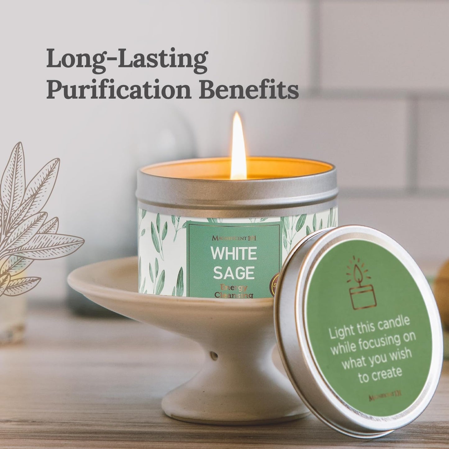 Magnificent 101 White Sage Candle - 6oz, 35h Burn, Soy Wax
