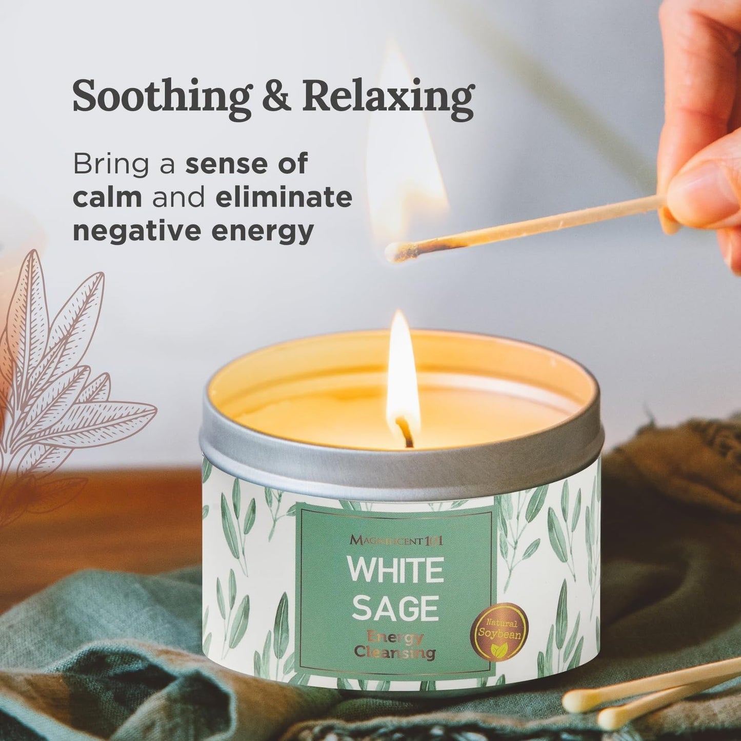 Magnificent 101 White Sage Candle - 6oz, 35h Burn, Soy Wax