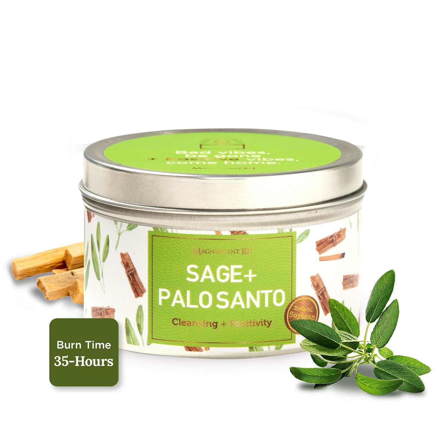 Magnificent 101 Sage & Palo Santo Aromatherapy Candle – 6oz Soy Wax – 35-Hour Burn
