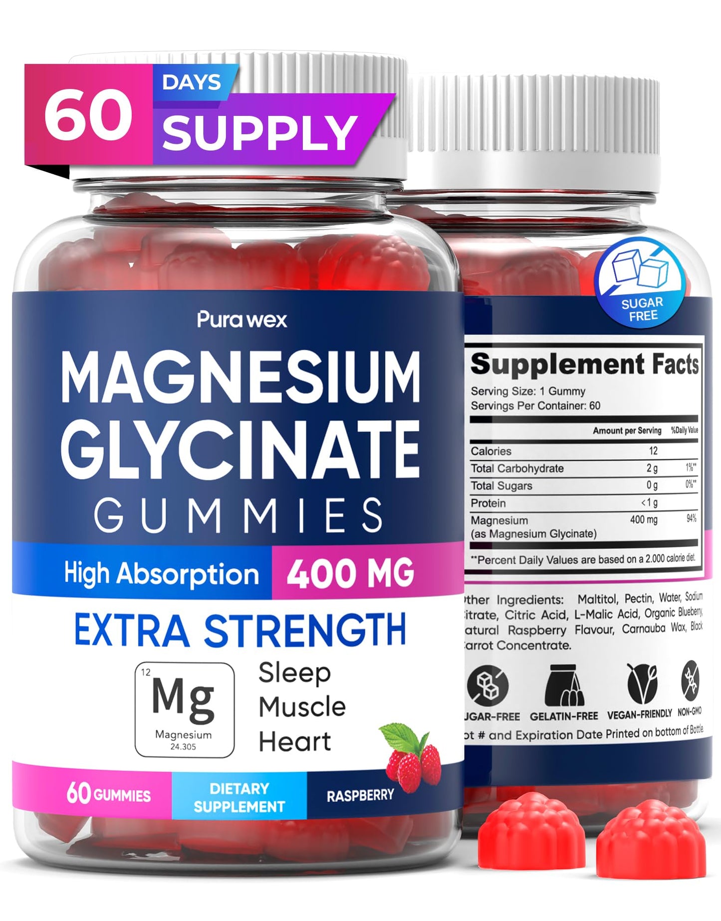 Magnesium Glycinate Gummies 400mg – Sugar Free, Vegan, Raspberry (60-Day Supply)