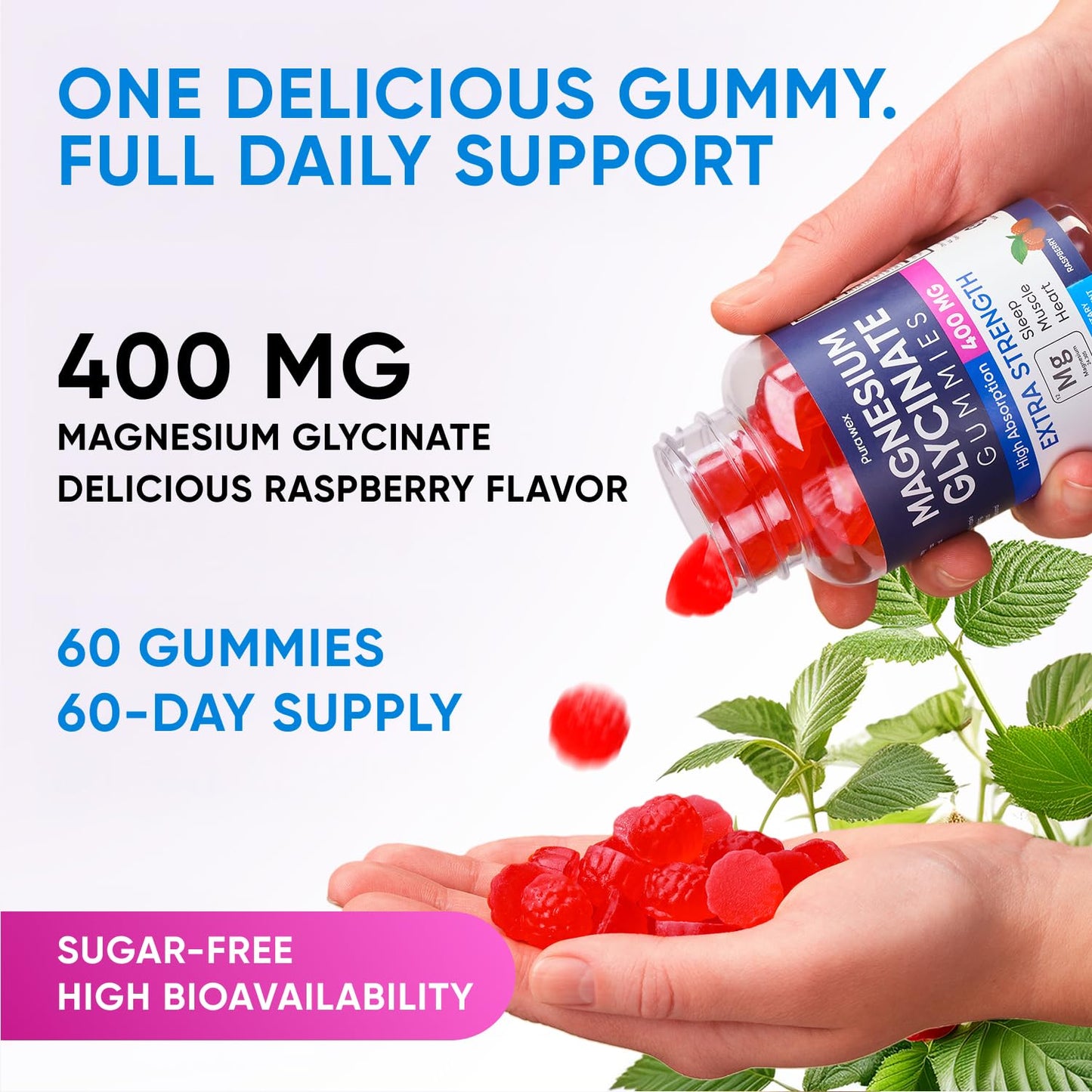 Magnesium Glycinate Gummies 400mg – Sugar Free, Vegan, Raspberry (60-Day Supply)
