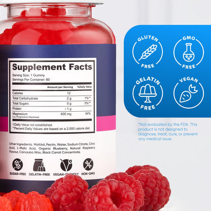 Magnesium Glycinate Gummies 400mg – Sugar Free, Vegan, Raspberry (60-Day Supply)