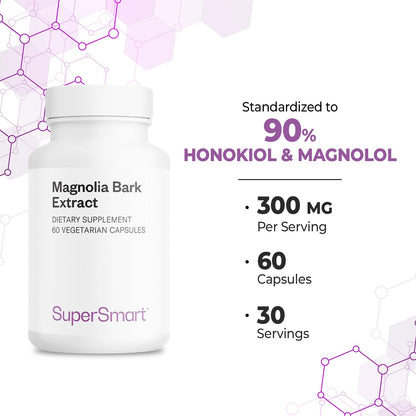 Supersmart Magnolia Bark Extract 300mg | 90% Honokiol & Magnolol | Non-GMO Gluten Free | 60 Veg Capsules