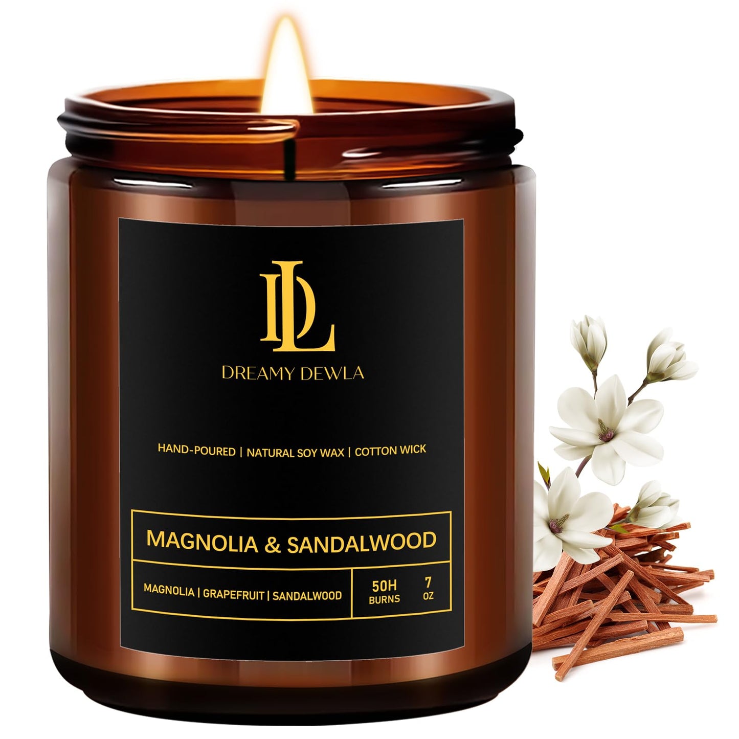 Magnolia & Sandalwood Soy Candle – 7oz, 50h Burn Time | Gift for Home