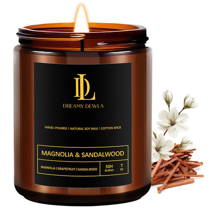 Magnolia & Sandalwood Soy Candle – 7oz, 50h Burn Time | Gift for Home