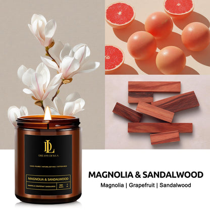 Magnolia & Sandalwood Soy Candle – 7oz, 50h Burn Time | Gift for Home