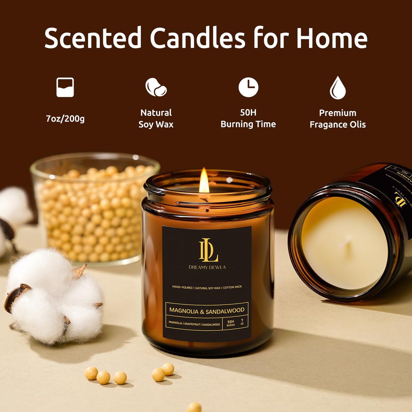 Magnolia & Sandalwood Soy Candle – 7oz, 50h Burn Time | Gift for Home