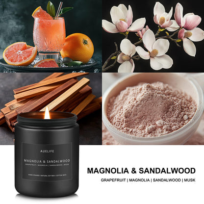 Magnolia & Sandalwood Candle | Masculine Soy Candle for Men | 7oz Black Jar