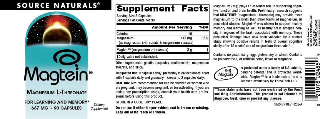 Source Naturals Magtein Magnesium L-Threonate 667mg – Supports Focus, Mood & Memory | 90 Capsules