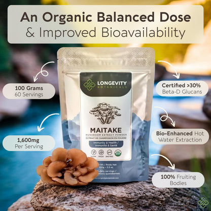 Organic Maitake Mushroom Powder 100g – 10:1 Extract | 16,600mg Raw per Serving | 30% Beta-D-Glucans