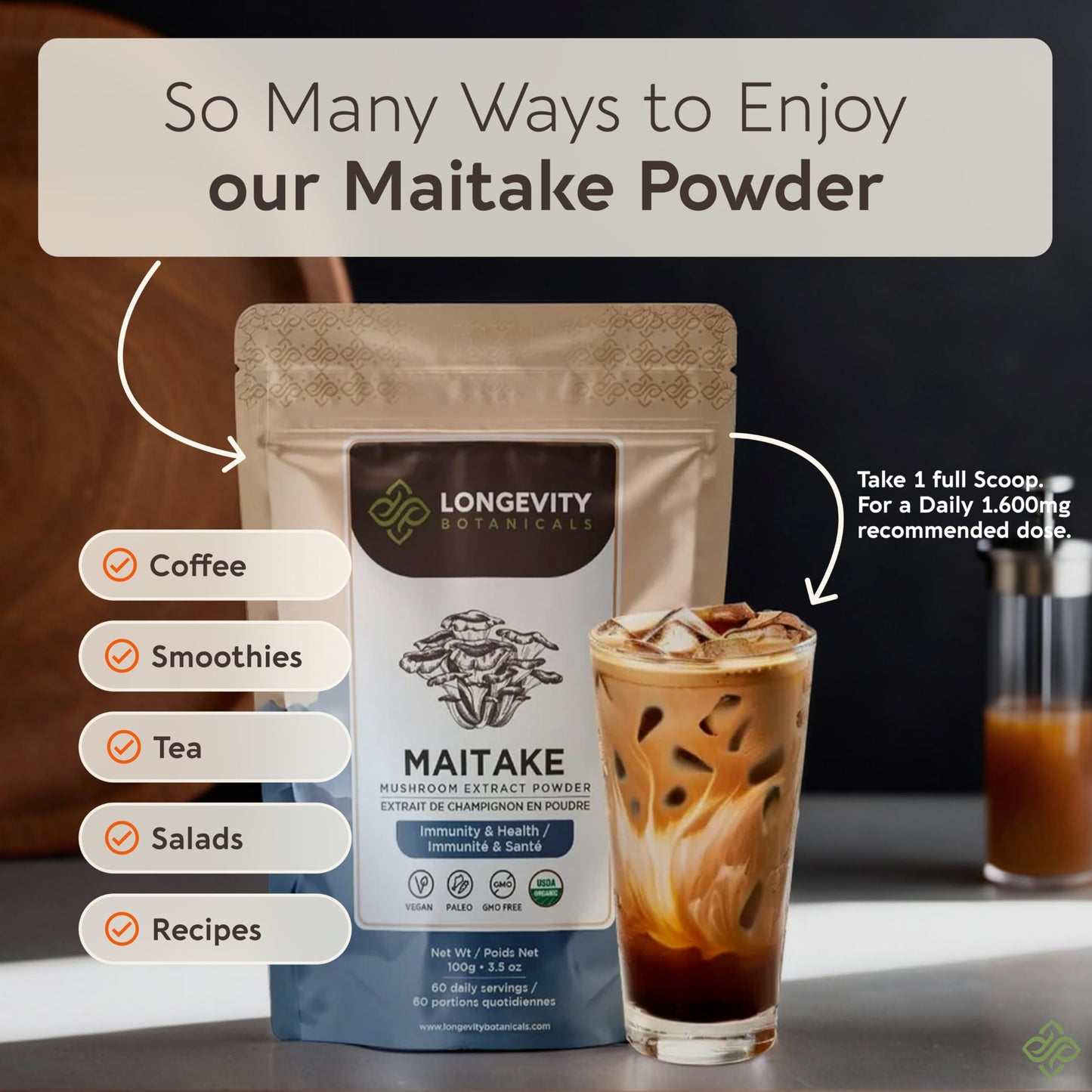 Organic Maitake Mushroom Powder 100g – 10:1 Extract | 16,600mg Raw per Serving | 30% Beta-D-Glucans