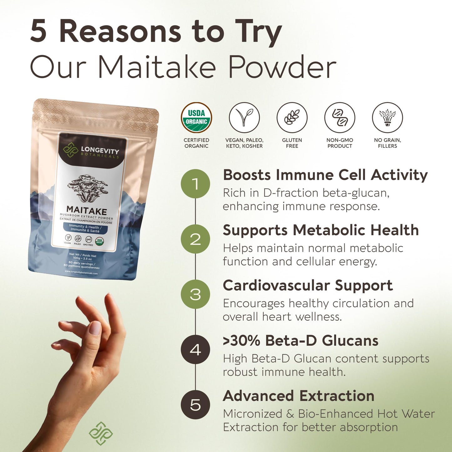 Organic Maitake Mushroom Powder 100g – 10:1 Extract | 16,600mg Raw per Serving | 30% Beta-D-Glucans