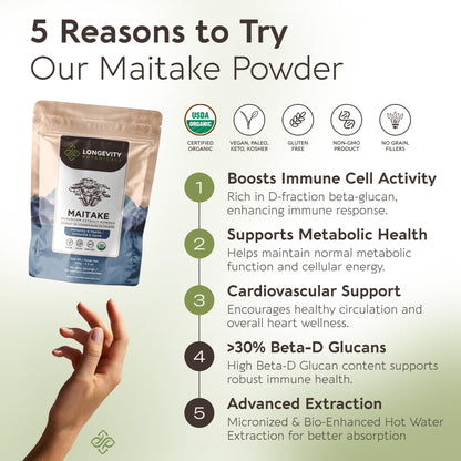 Organic Maitake Mushroom Powder 100g – 10:1 Extract | 16,600mg Raw per Serving | 30% Beta-D-Glucans
