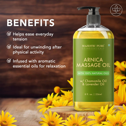 Majestic Pure Arnica Massage Oil – Lavender & Chamomile | All Skin Types | 8 fl oz